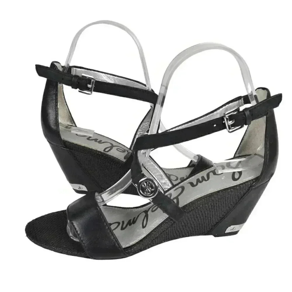 Sam Edelman Leather Wedge Sandal Heel Black Size 6 - Picture 2 of 15